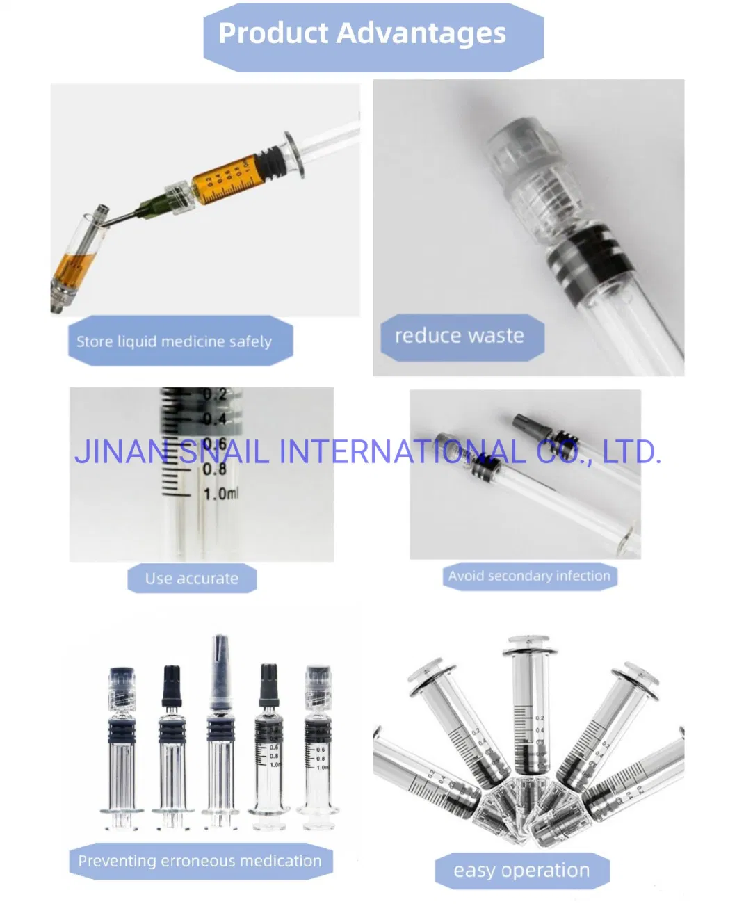 Custom Packaging Medical Grade 1ml Cosmetic Prefilled Borosilicate Glass Syringes